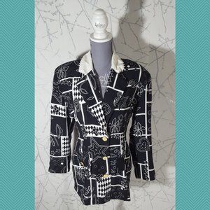 UXL Vintage Black & White Abstract Stars Floral Printed Single Button Blazer